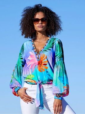 Boston Proper Green Tropical Print Tie-Front V-Neck Blouse